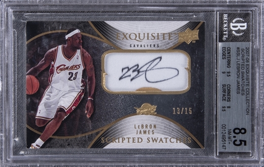 2007-08 UD "Exquisite Collection" Scripted Swatches #SSLJ LeBron James Signed Game Used Patch Card (#13/15) – BGS NM-MT+ 8.5/BGS 10